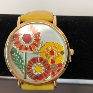 Ladies floral face Geneva watch, yellow band, new